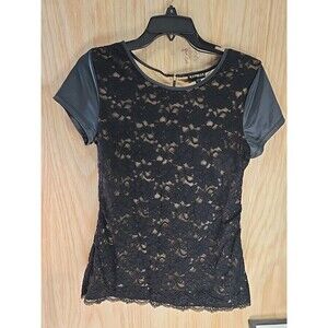 Express Short Sleeve Lace Top Zipper Back Black Womens Medium